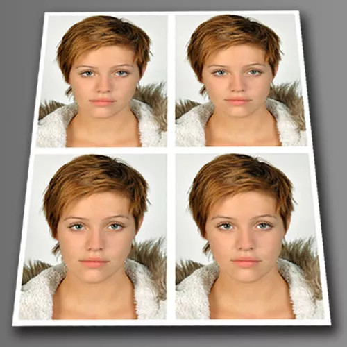 Vier identische biometrische Passfotos einer jungen Frau mit kurzem, rötlich-blondem Haar, neutralem Gesichtsausdruck und heller Haut. Sie trägt eine helle Jacke mit Fellkragen. Die Fotos sind auf einem weißen Fotobogen angeordnet. Vier identische biometrische Passfotos einer jungen Frau mit kurzem, rötlich-blondem Haar, neutralem Gesichtsausdruck und heller Haut. Sie trägt eine helle Jacke mit Fellkragen. Die Fotos sind auf einem weißen Fotobogen angeordnet.